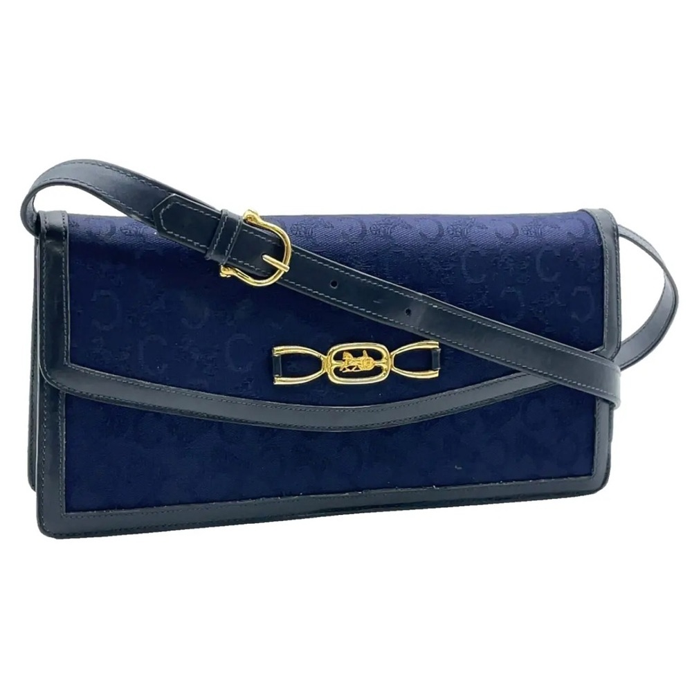 Authentic CELINE Linen Navy 2way Semi Shoulder Bag adjustable strap EUC